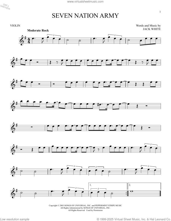 Seven Nation Army sheet music for violin solo by White Stripes and Jack White, intermediate skill level