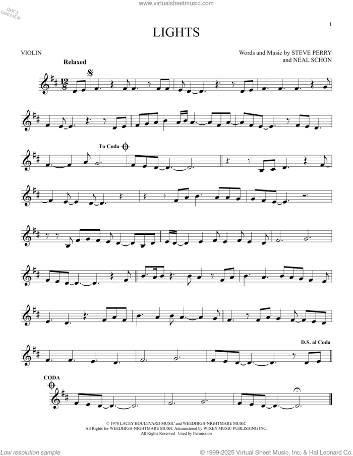 Lights sheet music for violin solo by Journey, Neal Schon and Steve Perry, intermediate skill level