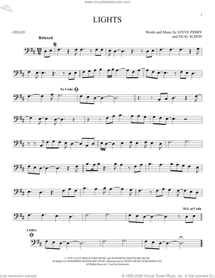 Lights sheet music for cello solo by Journey, Neal Schon and Steve Perry, intermediate skill level