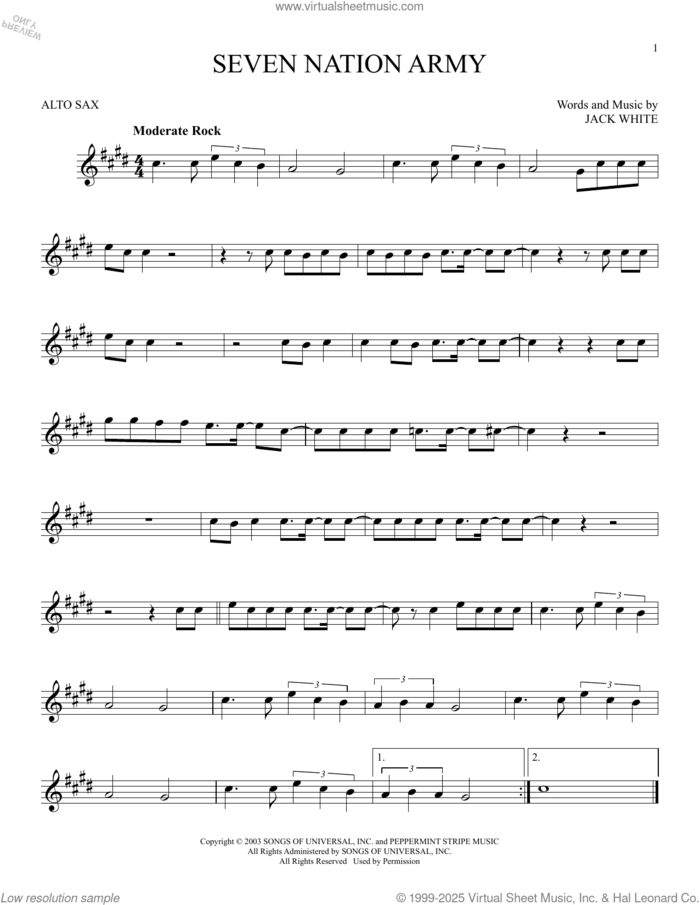 Seven Nation Army sheet music for alto saxophone solo by White Stripes and Jack White, intermediate skill level