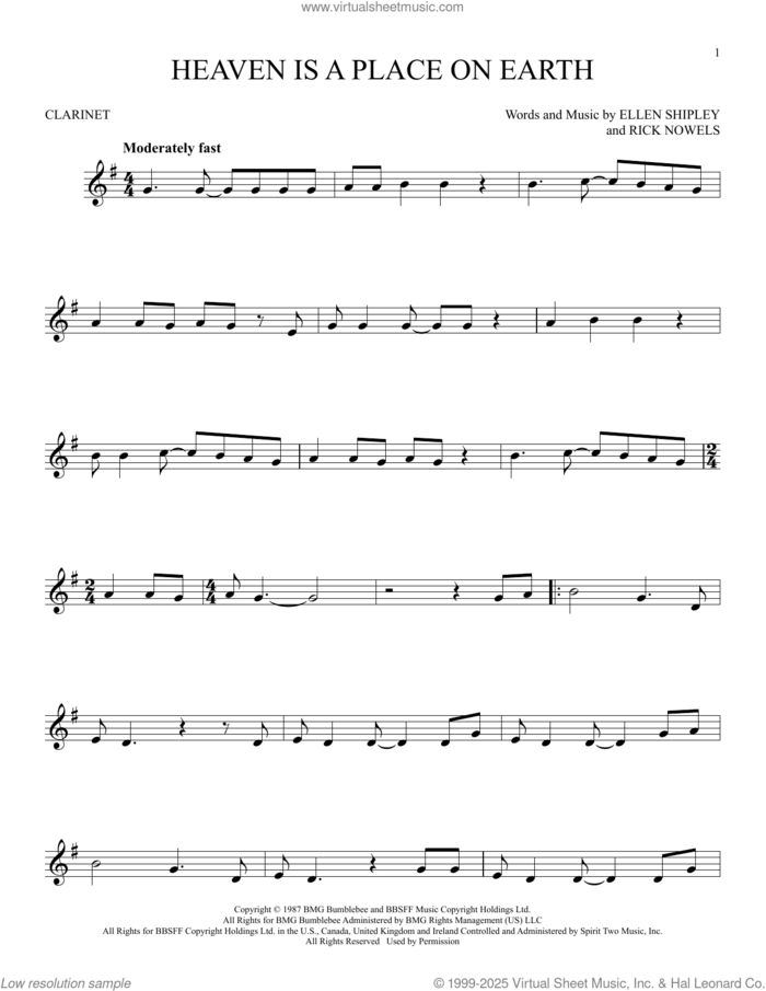 Heaven Is A Place On Earth sheet music for clarinet solo by Belinda Carlisle, Ellen Shipley and Rick Nowels, intermediate skill level