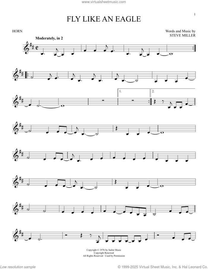 Fly Like An Eagle sheet music for horn solo by Steve Miller Band and Steve Miller, intermediate skill level