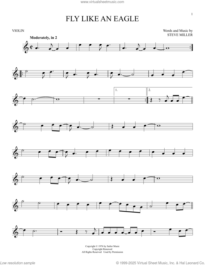 Fly Like An Eagle sheet music for violin solo by Steve Miller Band and Steve Miller, intermediate skill level