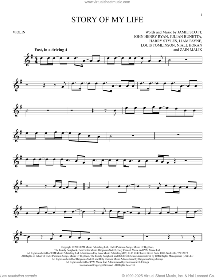 Story Of My Life sheet music for violin solo by One Direction, Harry Styles, Jamie Scott, John Henry Ryan, Julian Bunetta, Liam Payne, Louis Tomlinson, Niall Horan and Zain Malik, intermediate skill level