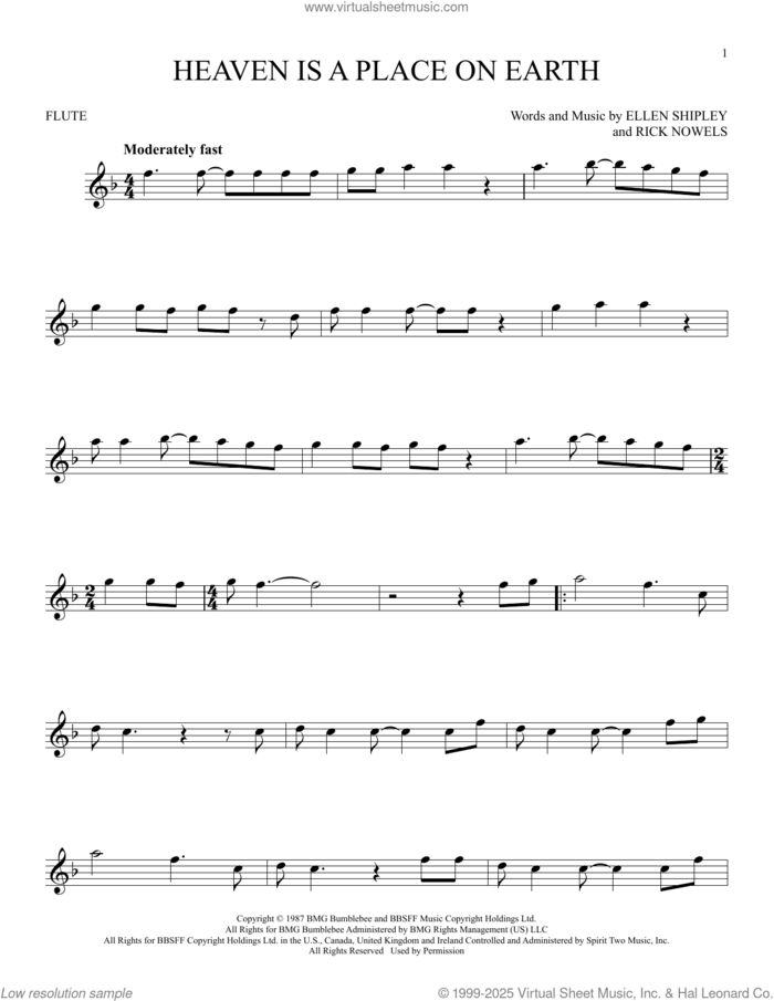 Heaven Is A Place On Earth sheet music for flute solo by Belinda Carlisle, Ellen Shipley and Rick Nowels, intermediate skill level