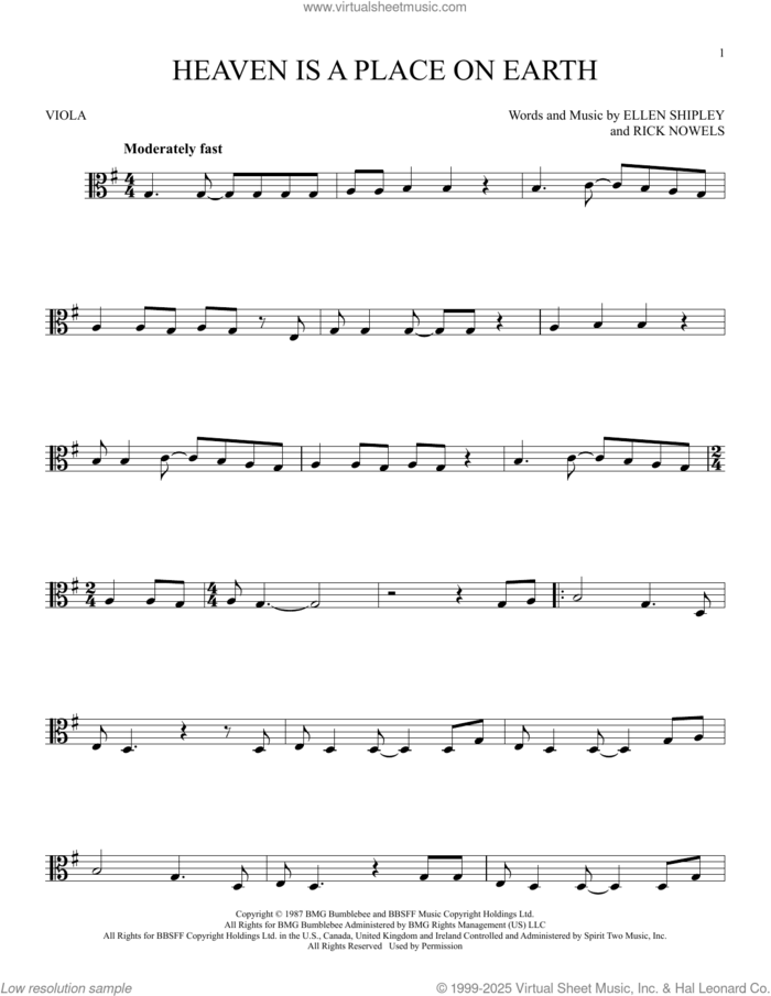 Heaven Is A Place On Earth sheet music for viola solo by Belinda Carlisle, Ellen Shipley and Rick Nowels, intermediate skill level