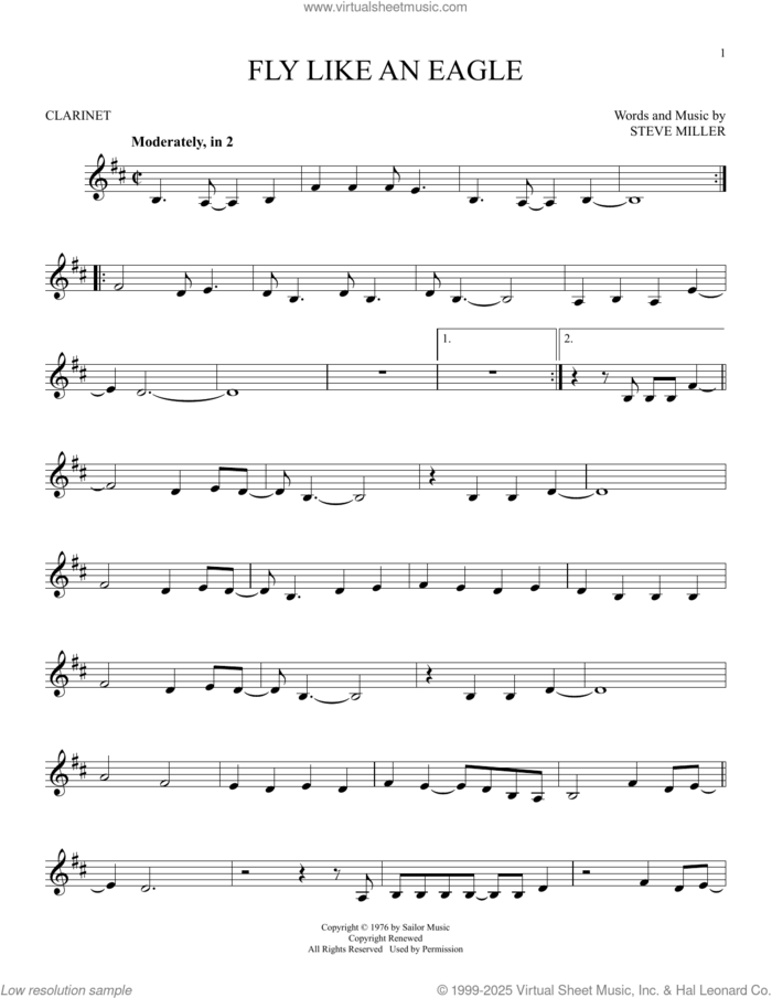 Fly Like An Eagle sheet music for clarinet solo by Steve Miller Band and Steve Miller, intermediate skill level