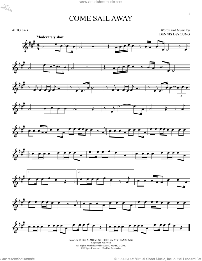 Come Sail Away sheet music for alto saxophone solo by Styx and Dennis DeYoung, intermediate skill level