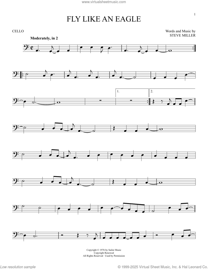 Fly Like An Eagle sheet music for cello solo by Steve Miller Band and Steve Miller, intermediate skill level