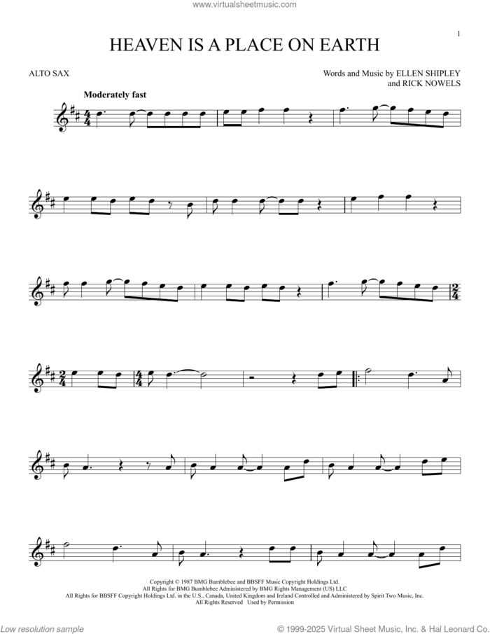 Heaven Is A Place On Earth sheet music for alto saxophone solo by Belinda Carlisle, Ellen Shipley and Rick Nowels, intermediate skill level