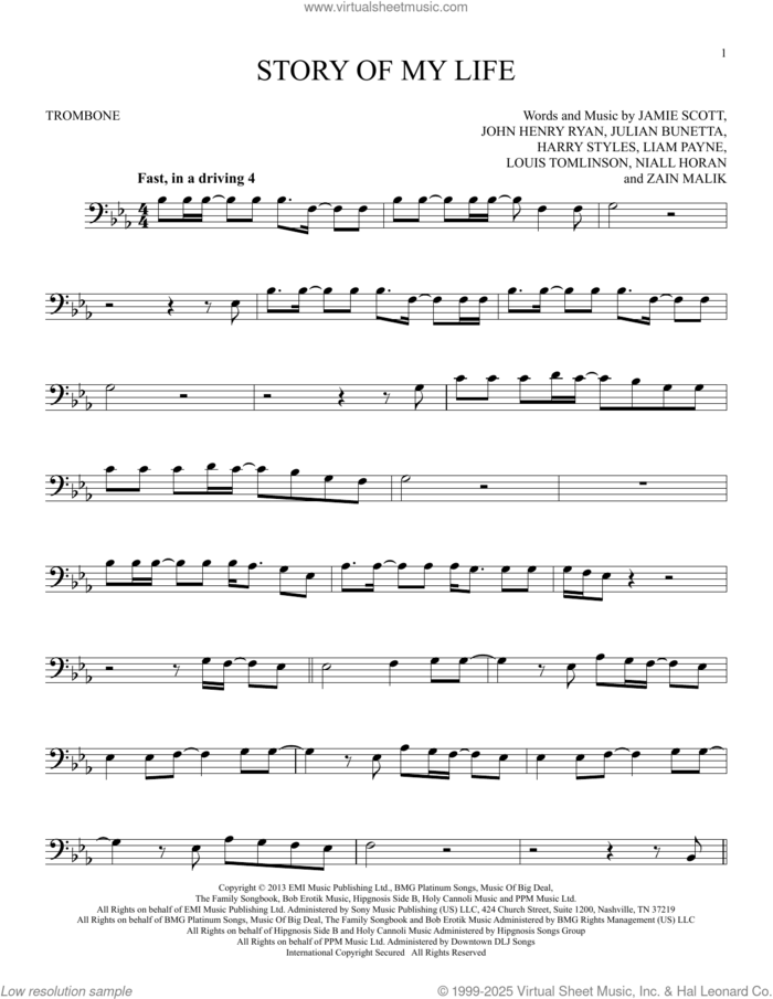 Story Of My Life sheet music for trombone solo by One Direction, Harry Styles, Jamie Scott, John Henry Ryan, Julian Bunetta, Liam Payne, Louis Tomlinson, Niall Horan and Zain Malik, intermediate skill level