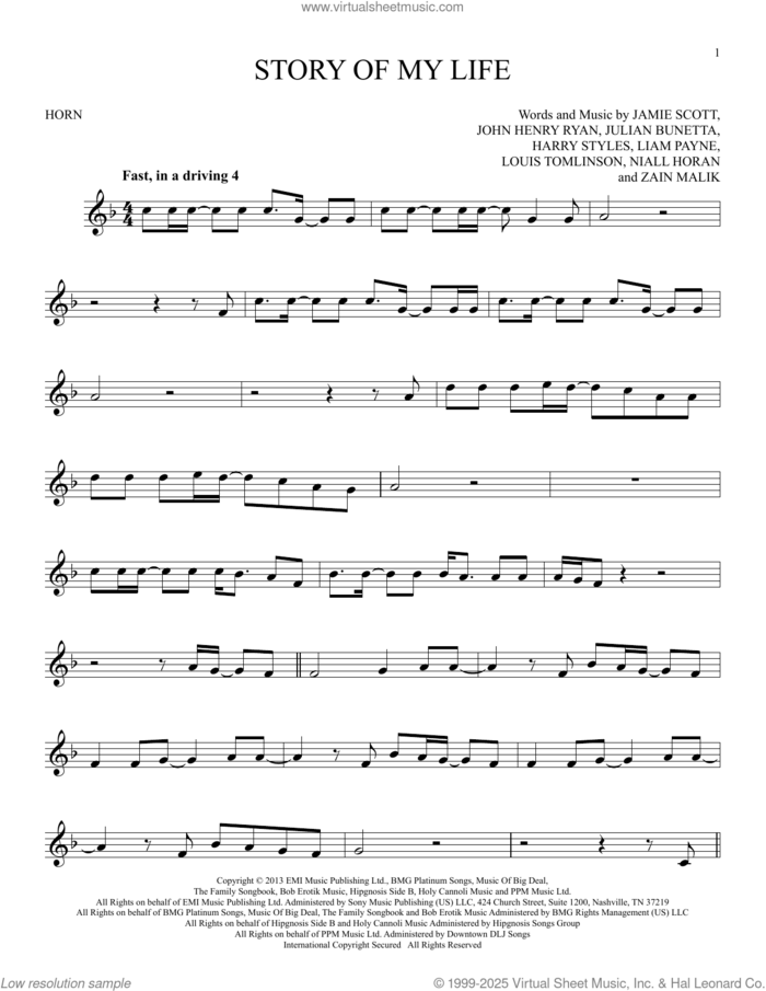 Story Of My Life sheet music for horn solo by One Direction, Harry Styles, Jamie Scott, John Henry Ryan, Julian Bunetta, Liam Payne, Louis Tomlinson, Niall Horan and Zain Malik, intermediate skill level