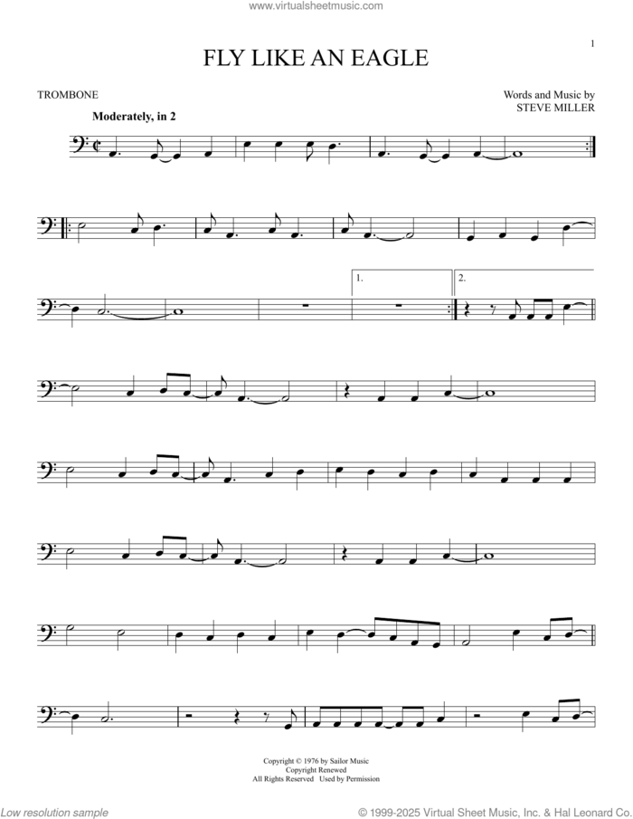 Fly Like An Eagle sheet music for trombone solo by Steve Miller Band and Steve Miller, intermediate skill level