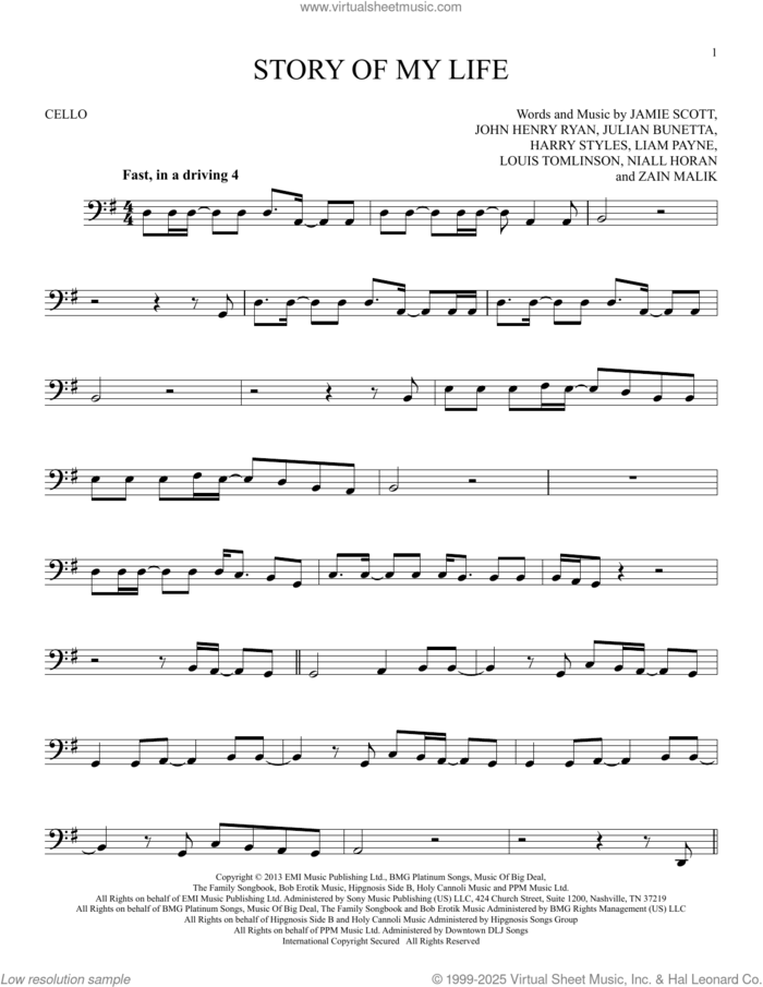 Story Of My Life sheet music for cello solo by One Direction, Harry Styles, Jamie Scott, John Henry Ryan, Julian Bunetta, Liam Payne, Louis Tomlinson, Niall Horan and Zain Malik, intermediate skill level