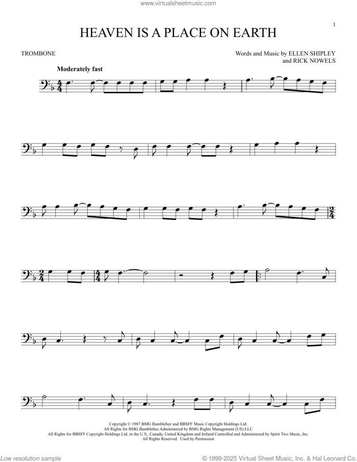 Heaven Is A Place On Earth sheet music for trombone solo by Belinda Carlisle, Ellen Shipley and Rick Nowels, intermediate skill level