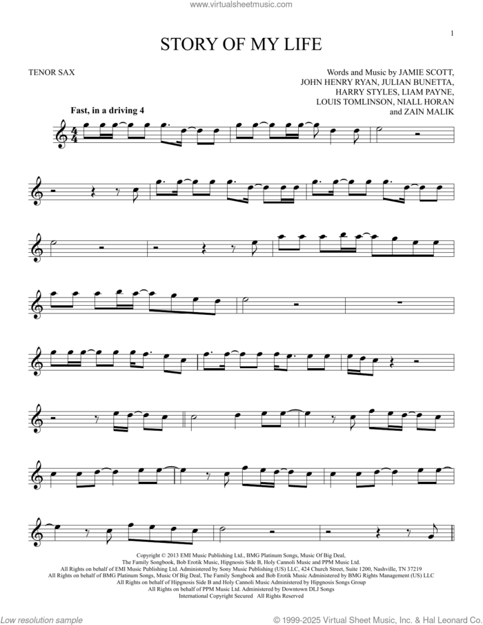 Story Of My Life sheet music for tenor saxophone solo by One Direction, Harry Styles, Jamie Scott, John Henry Ryan, Julian Bunetta, Liam Payne, Louis Tomlinson, Niall Horan and Zain Malik, intermediate skill level