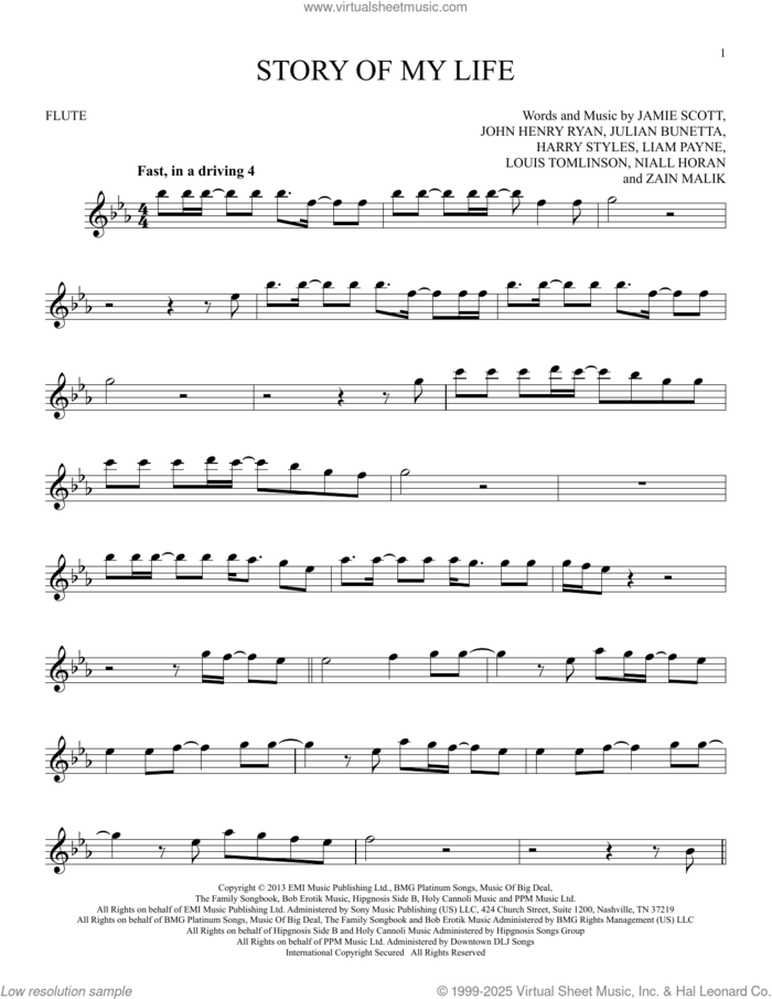 Story Of My Life sheet music for flute solo by One Direction, Harry Styles, Jamie Scott, John Henry Ryan, Julian Bunetta, Liam Payne, Louis Tomlinson, Niall Horan and Zain Malik, intermediate skill level