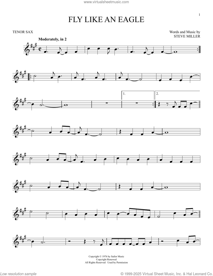 Fly Like An Eagle sheet music for tenor saxophone solo by Steve Miller Band and Steve Miller, intermediate skill level