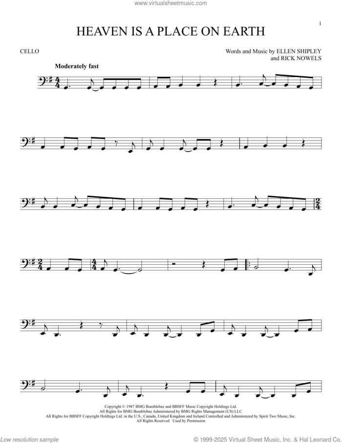 Heaven Is A Place On Earth sheet music for cello solo by Belinda Carlisle, Ellen Shipley and Rick Nowels, intermediate skill level