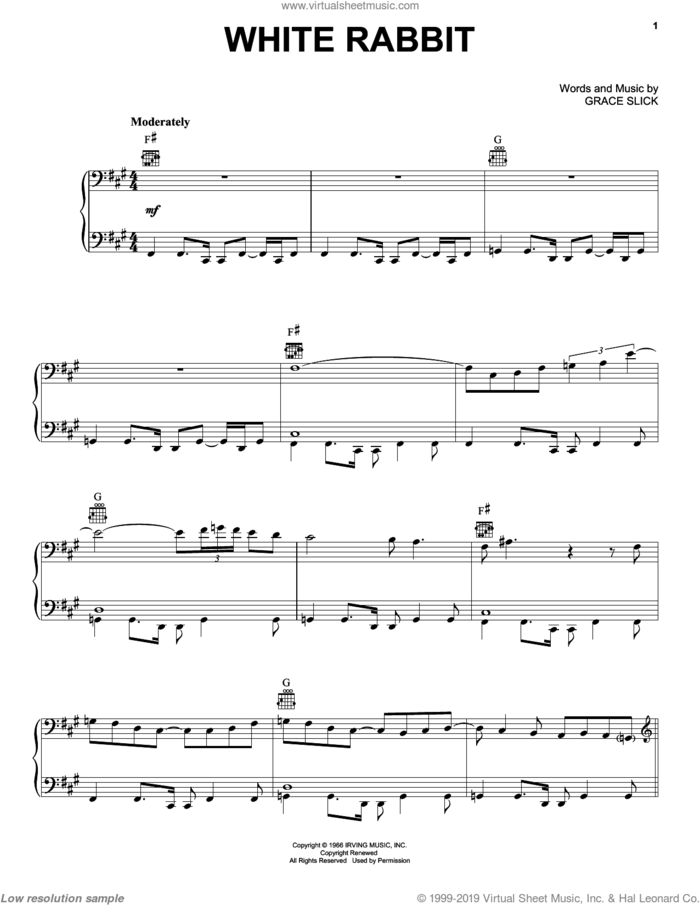 White Rabbit sheet music for voice, piano or guitar by Jefferson Airplane, Blue Man Group and Grace Slick, intermediate skill level