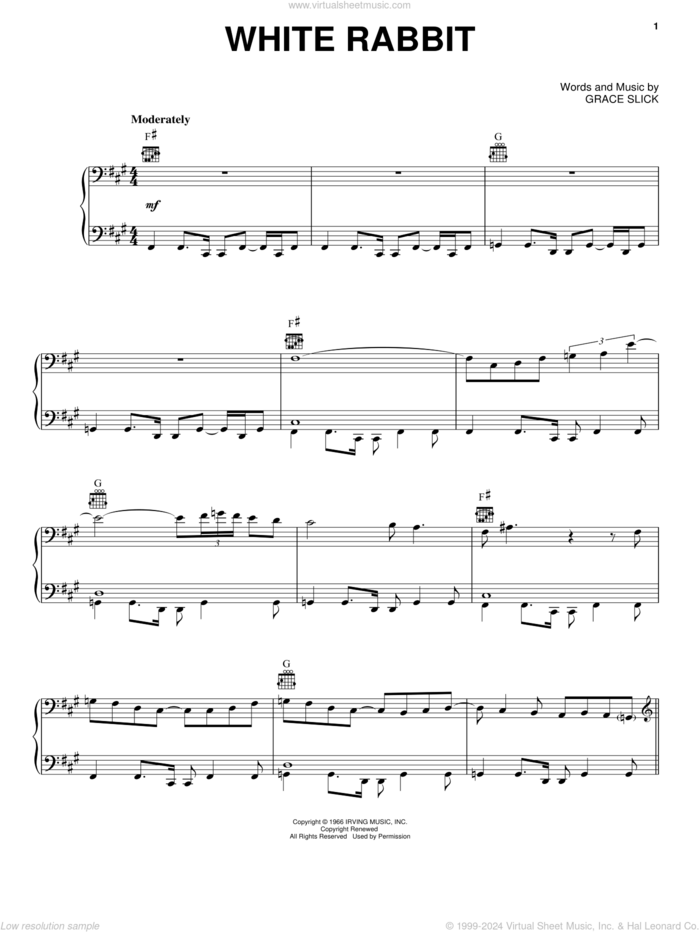 White Rabbit sheet music for voice, piano or guitar by Jefferson Airplane, Blue Man Group and Grace Slick, intermediate skill level