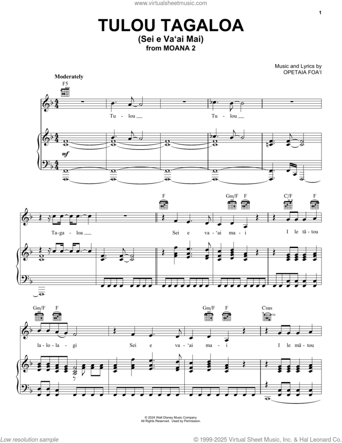 Tulou Tagaloa (Sei e Va'ai Mai) (from Moana 2) sheet music for voice, piano or guitar by Opetaia Foa'i, intermediate skill level