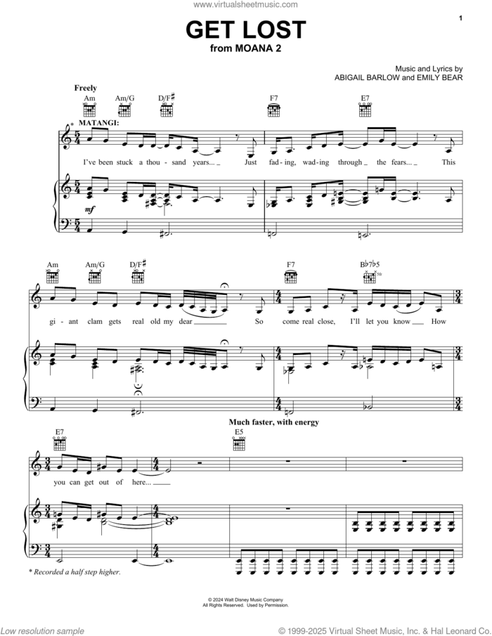 Get Lost (from Moana 2) sheet music for voice, piano or guitar by Abigail Barlow & Emily Bear, Abigail Barlow and Emily Bear, intermediate skill level