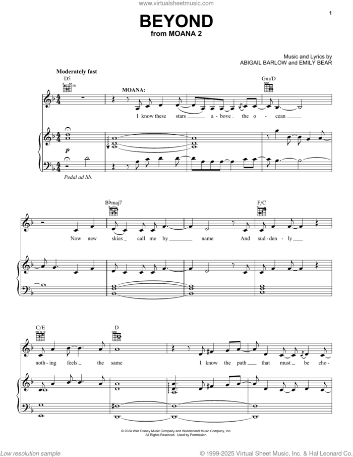 Beyond (from Moana 2) sheet music for voice, piano or guitar by Abigail Barlow & Emily Bear, Abigail Barlow and Emily Bear, intermediate skill level