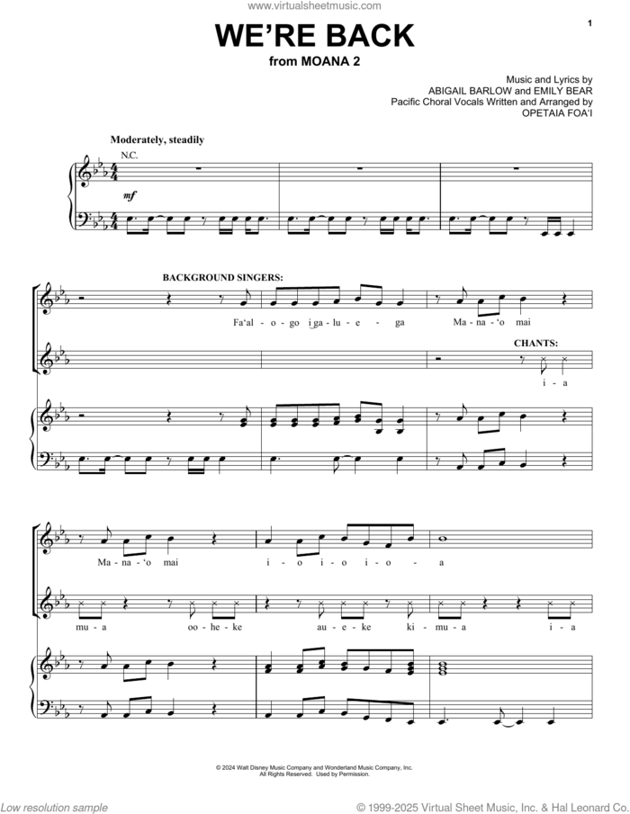 We're Back (from Moana 2) sheet music for voice, piano or guitar by Opetaia Foa'i, Abigail Barlow and Emily Bear, intermediate skill level