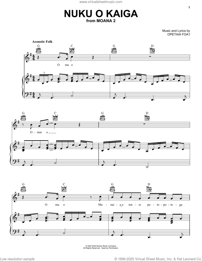 Nuku O Kaiga (from Moana 2) sheet music for voice, piano or guitar by Opetaia Foa'i, intermediate skill level