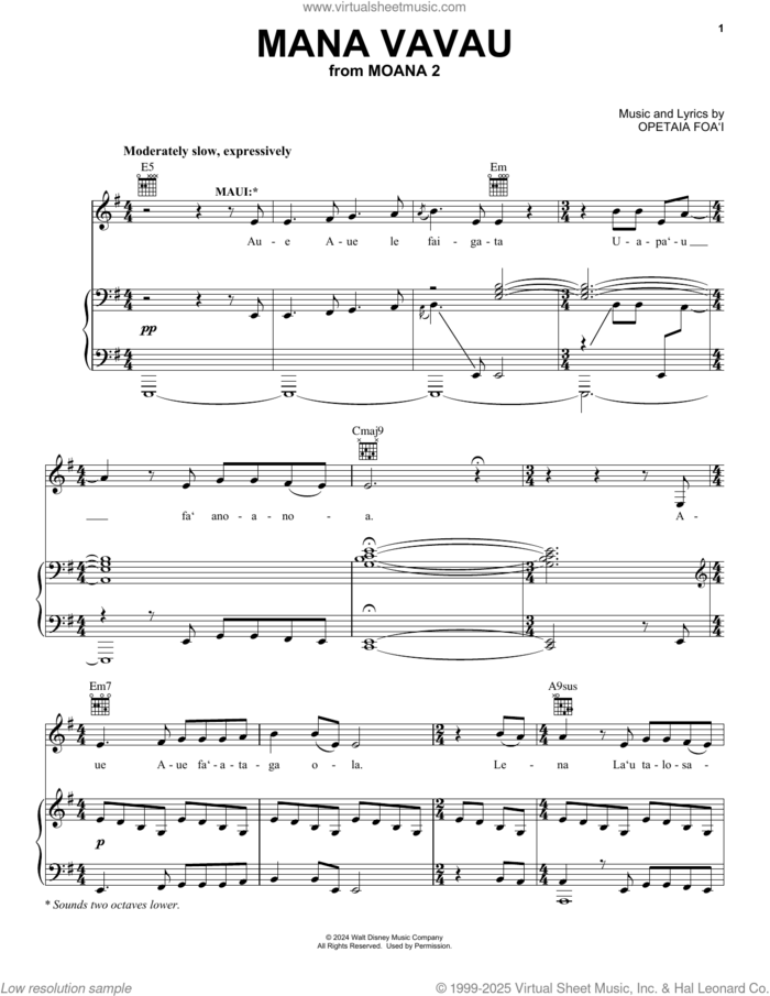 Mana Vavau (from Moana 2) sheet music for voice, piano or guitar by Opetaia Foa'i, intermediate skill level