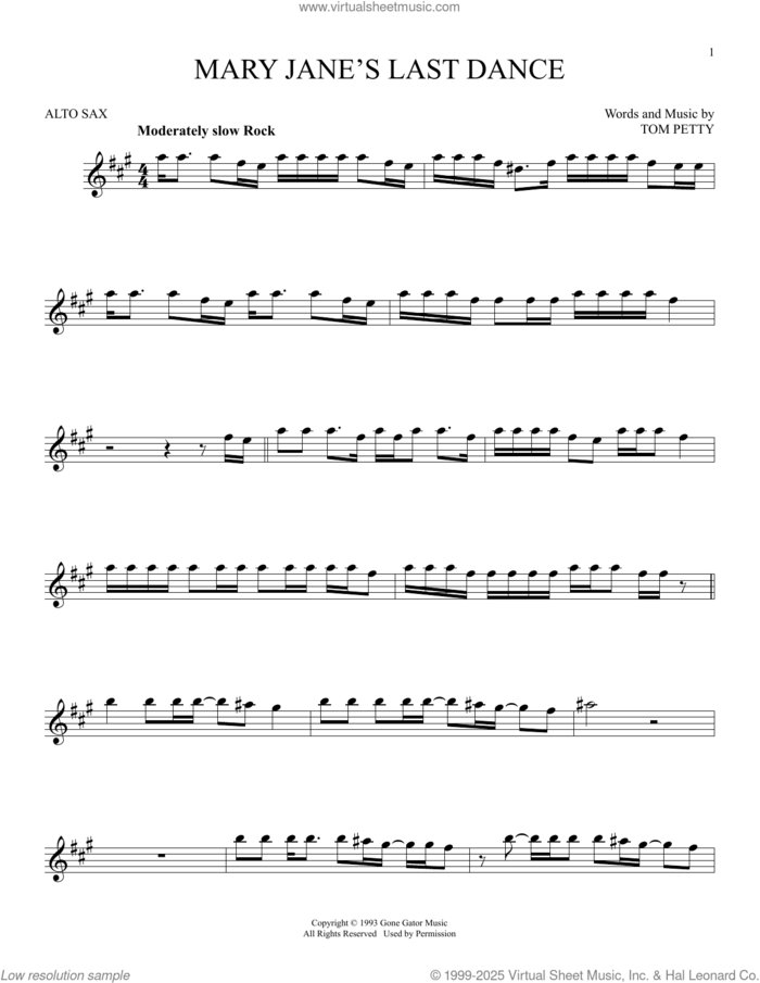 Mary Jane's Last Dance sheet music for alto saxophone solo by Tom Petty, intermediate skill level