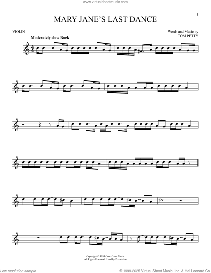 Mary Jane's Last Dance sheet music for violin solo by Tom Petty, intermediate skill level