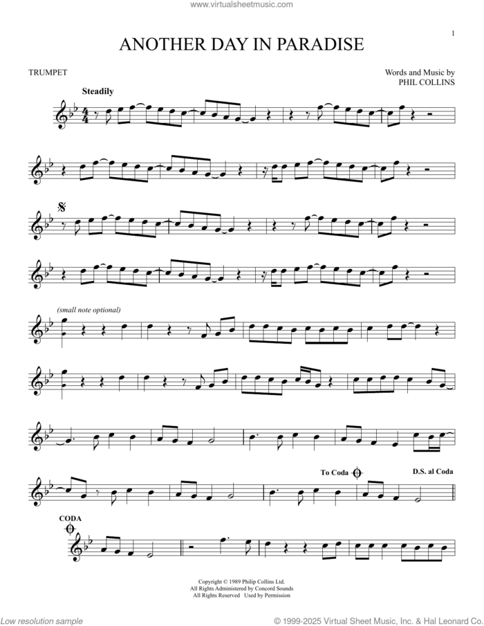 Another Day In Paradise sheet music for trumpet solo by Phil Collins, intermediate skill level