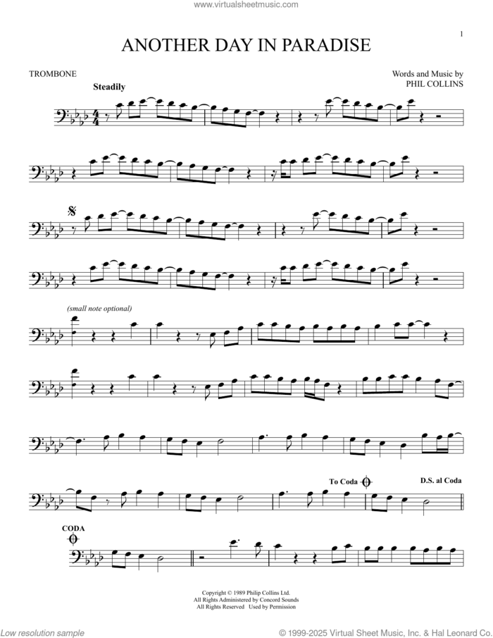 Another Day In Paradise sheet music for trombone solo by Phil Collins, intermediate skill level