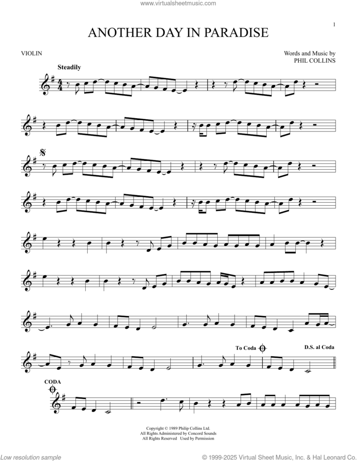 Another Day In Paradise sheet music for violin solo by Phil Collins, intermediate skill level