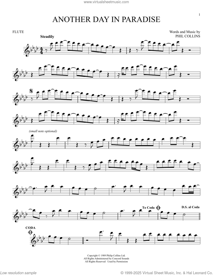 Another Day In Paradise sheet music for flute solo by Phil Collins, intermediate skill level