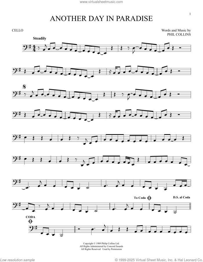 Another Day In Paradise sheet music for cello solo by Phil Collins, intermediate skill level