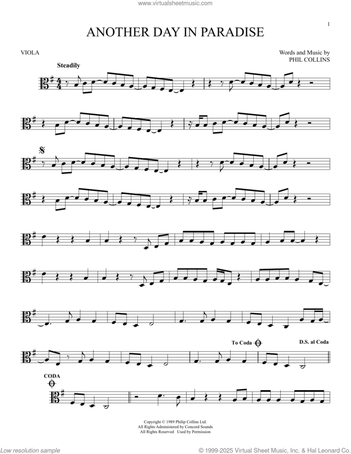 Another Day In Paradise sheet music for viola solo by Phil Collins, intermediate skill level