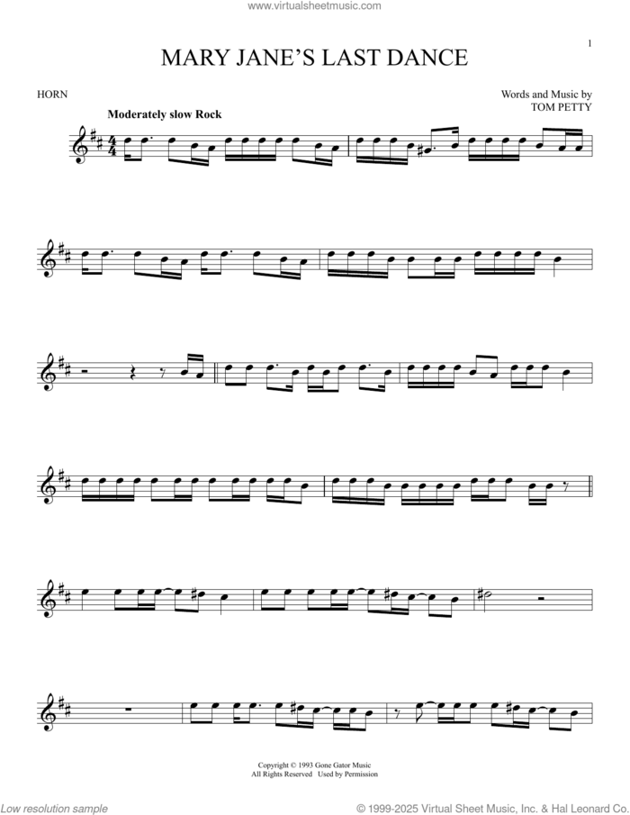 Mary Jane's Last Dance sheet music for horn solo by Tom Petty, intermediate skill level