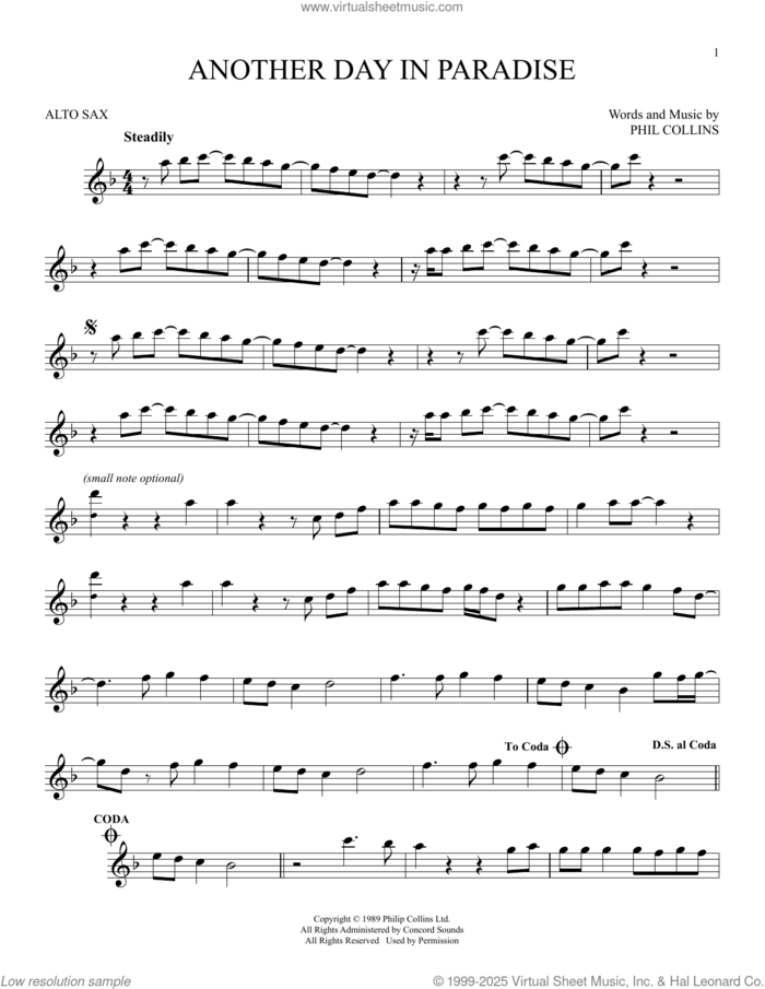 Another Day In Paradise sheet music for alto saxophone solo by Phil Collins, intermediate skill level