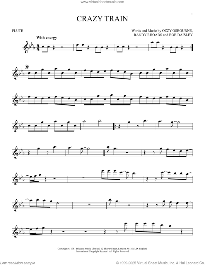 Crazy Train sheet music for flute solo by Ozzy Osbourne, Bob Daisley and Randy Rhoads, intermediate skill level