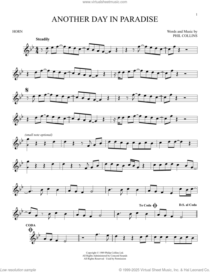 Another Day In Paradise sheet music for horn solo by Phil Collins, intermediate skill level