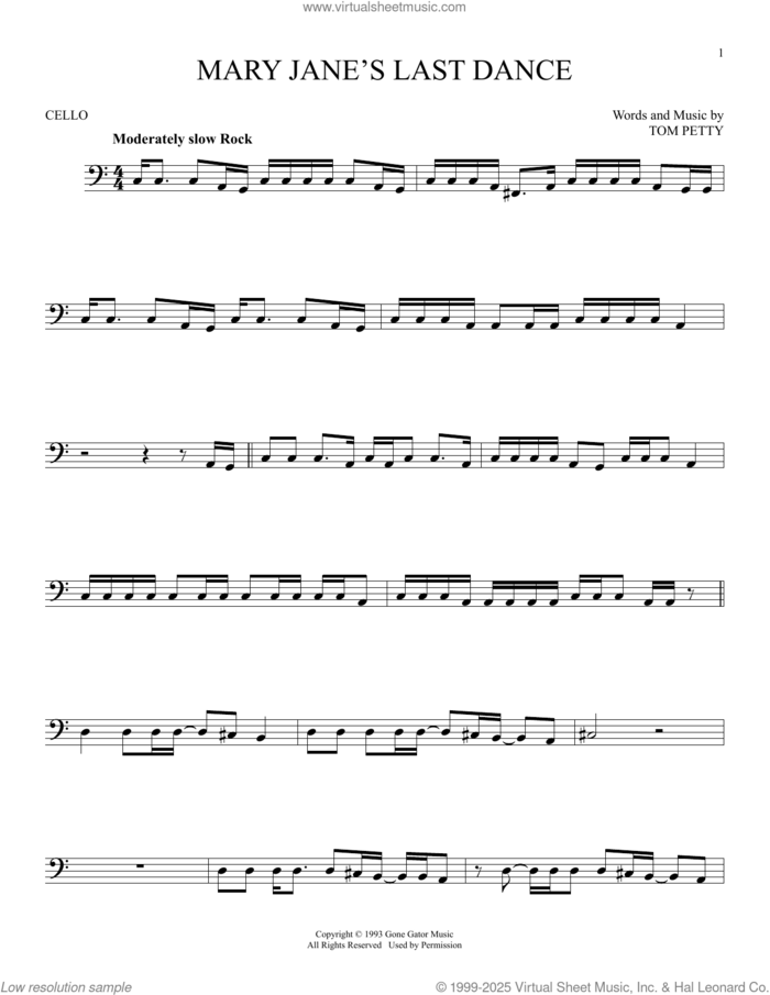 Mary Jane's Last Dance sheet music for cello solo by Tom Petty, intermediate skill level