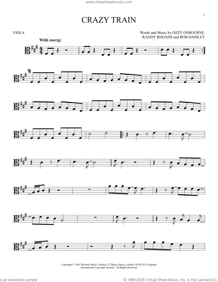 Crazy Train sheet music for viola solo by Ozzy Osbourne, Bob Daisley and Randy Rhoads, intermediate skill level