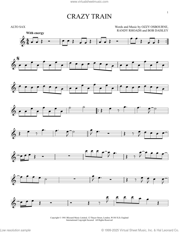 Crazy Train sheet music for alto saxophone solo by Ozzy Osbourne, Bob Daisley and Randy Rhoads, intermediate skill level