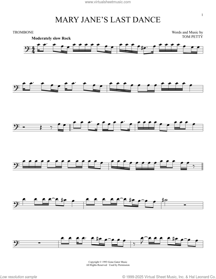 Mary Jane's Last Dance sheet music for trombone solo by Tom Petty, intermediate skill level