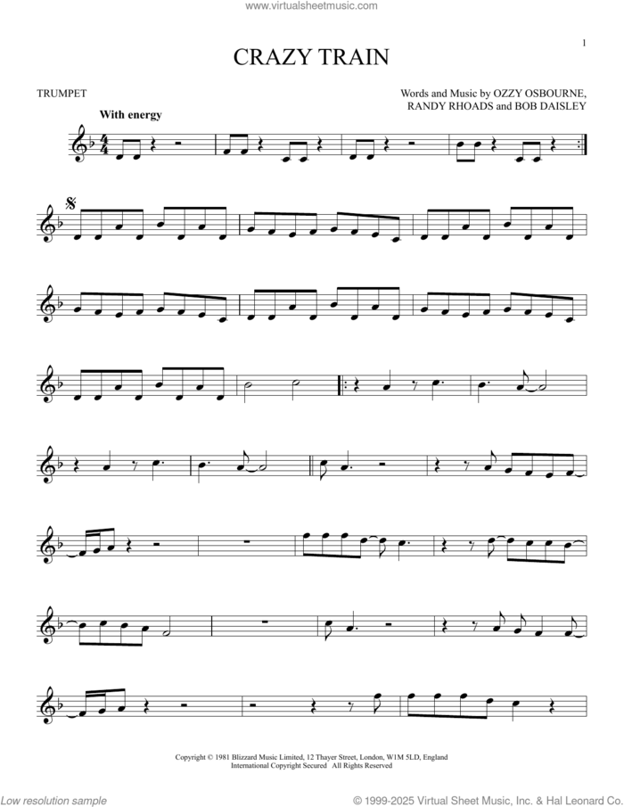 Crazy Train sheet music for trumpet solo by Ozzy Osbourne, Bob Daisley and Randy Rhoads, intermediate skill level