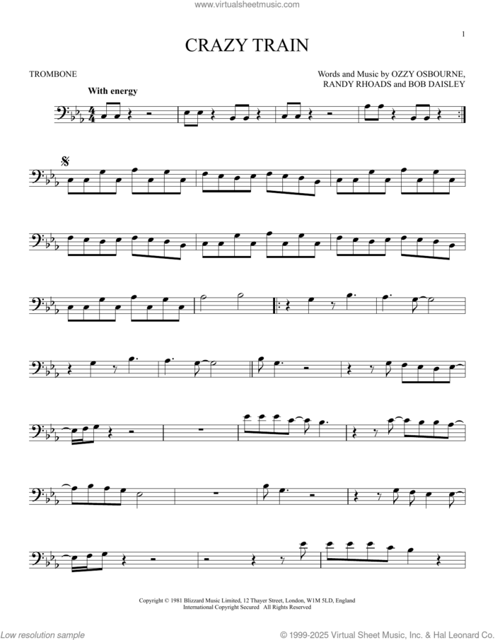 Crazy Train sheet music for trombone solo by Ozzy Osbourne, Bob Daisley and Randy Rhoads, intermediate skill level