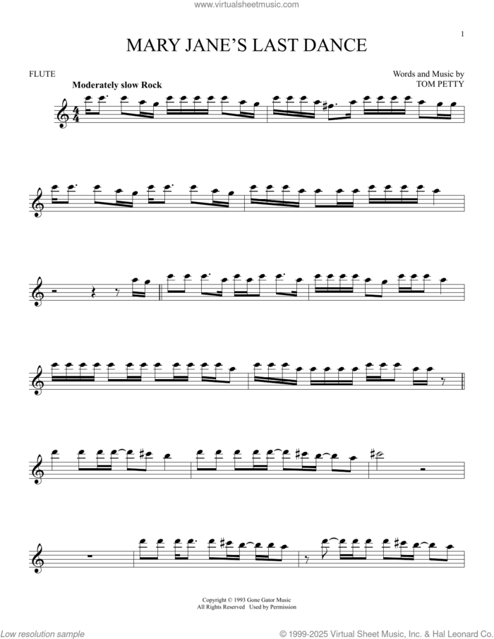 Mary Jane's Last Dance sheet music for flute solo by Tom Petty, intermediate skill level